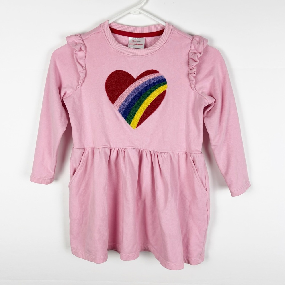 Hanna Andersson Be Loved Patch Dress Girls Size 6-7 Pink Heart Rainbow Ruffle